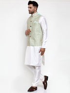 Jompers Men's Solid Dupion Kurta Pajama with Embroidered Nehru Jacket Sky | Grocsy