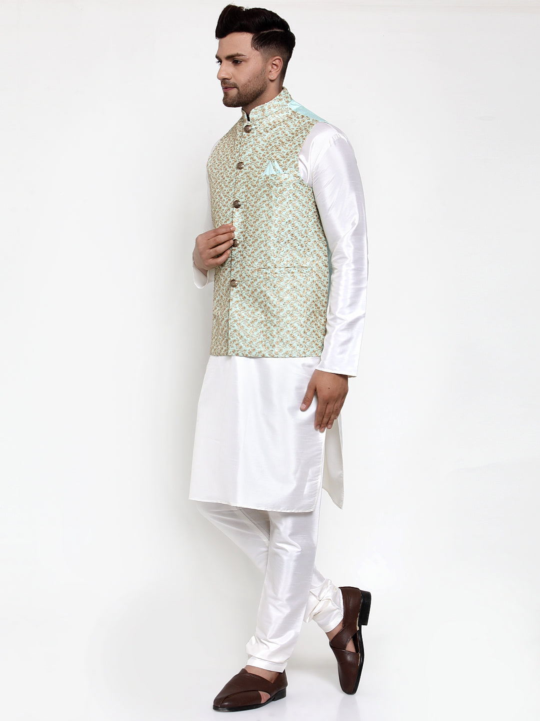 Jompers Men's Solid Dupion Kurta Pajama with Embroidered Nehru Jacket Sky | Grocsy