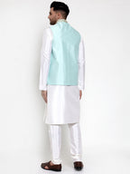 Jompers Men's Solid Dupion Kurta Pajama with Embroidered Nehru Jacket Sky | Grocsy