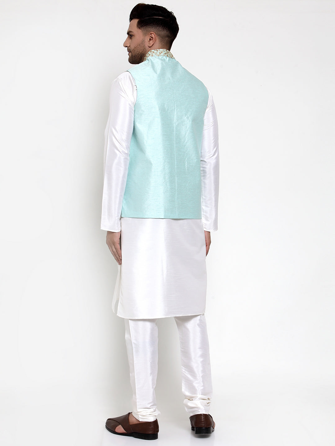 Jompers Men's Solid Dupion Kurta Pajama with Embroidered Nehru Jacket Sky | Grocsy
