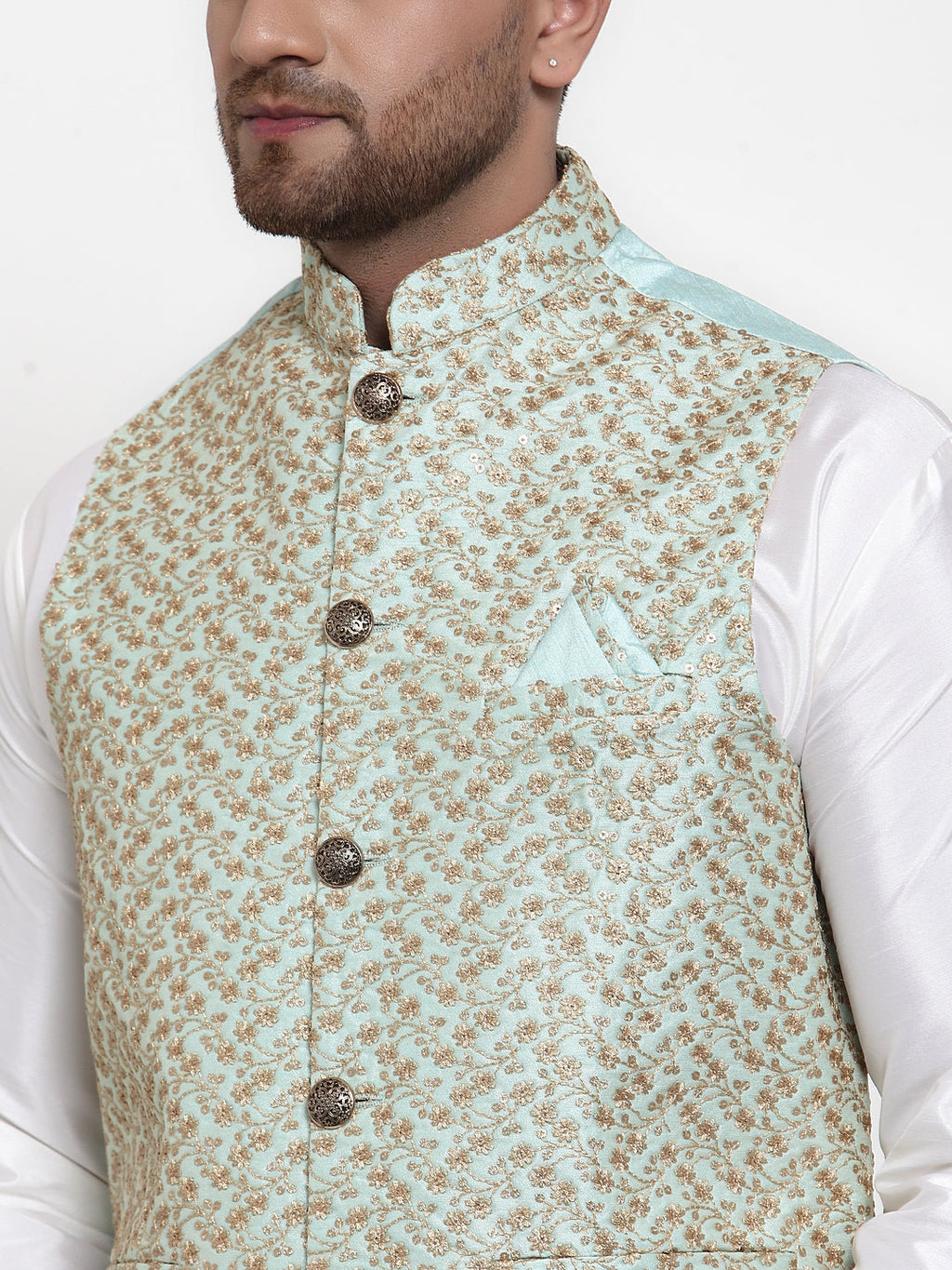 Jompers Men's Solid Dupion Kurta Pajama with Embroidered Nehru Jacket Sky | Grocsy