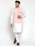 Jompers Men Solid Dupion Kurta Pajama with Woven Nehru Jacket (Peach) | Grocsy