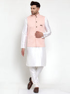 Jompers Men Solid Dupion Kurta Pajama with Woven Nehru Jacket (Peach) | Grocsy