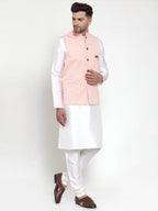 Jompers Men Solid Dupion Kurta Pajama with Woven Nehru Jacket (Peach) | Grocsy