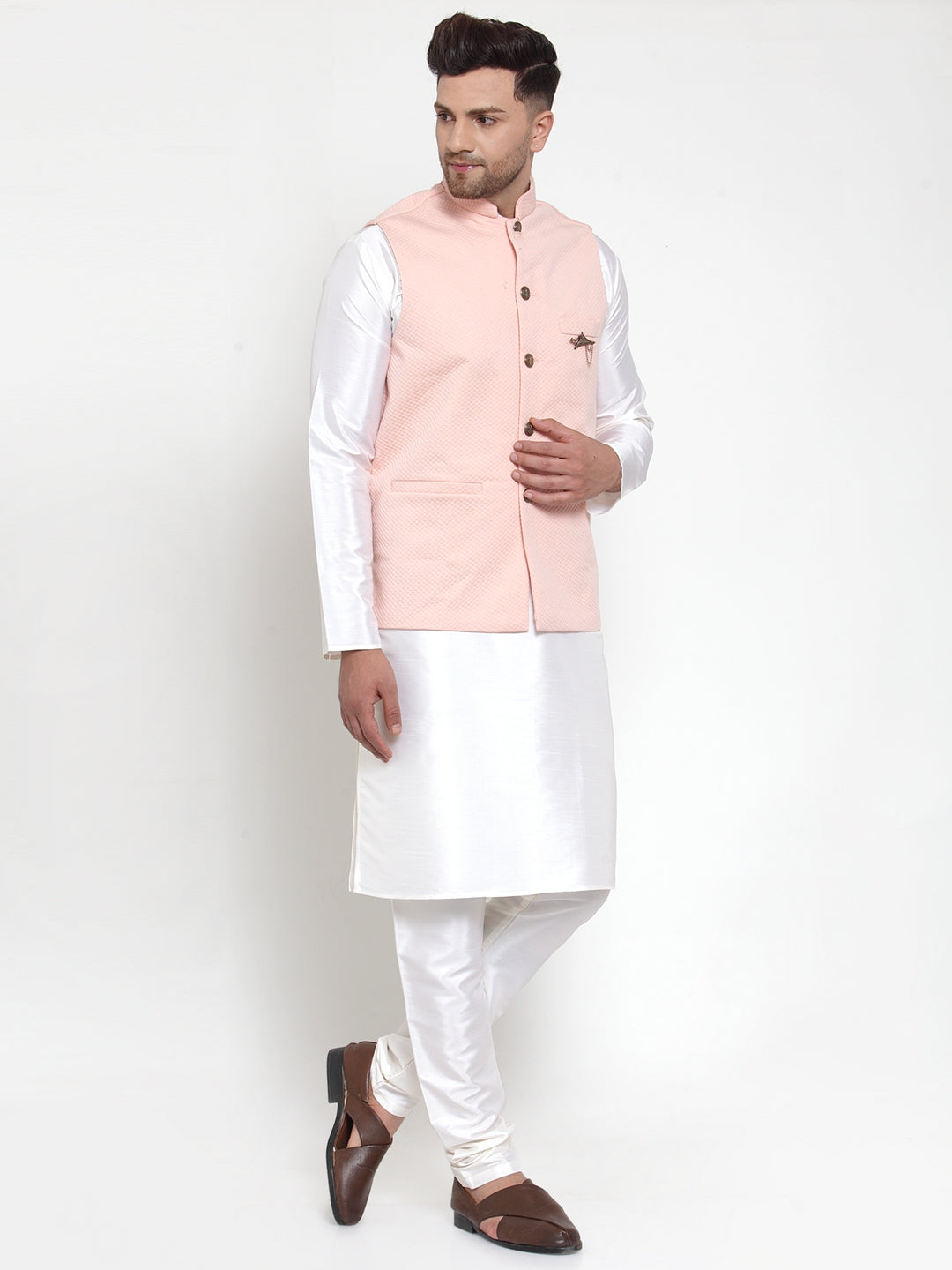 Jompers Men Solid Dupion Kurta Pajama with Woven Nehru Jacket (Peach) | Grocsy