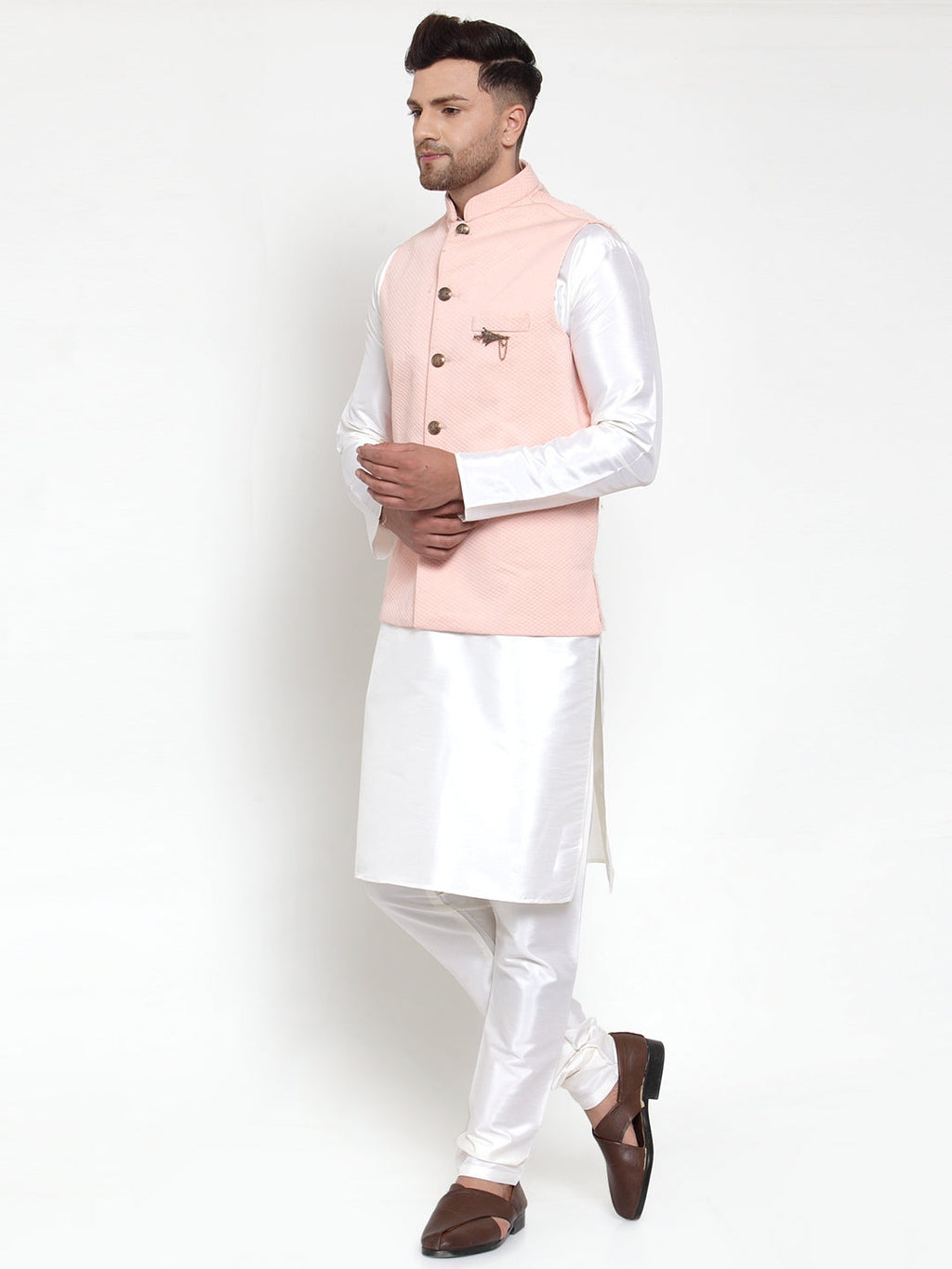 Jompers Men Solid Dupion Kurta Pajama with Woven Nehru Jacket (Peach) | Grocsy