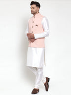 Jompers Men Solid Dupion Kurta Pajama with Woven Nehru Jacket (Peach) | Grocsy