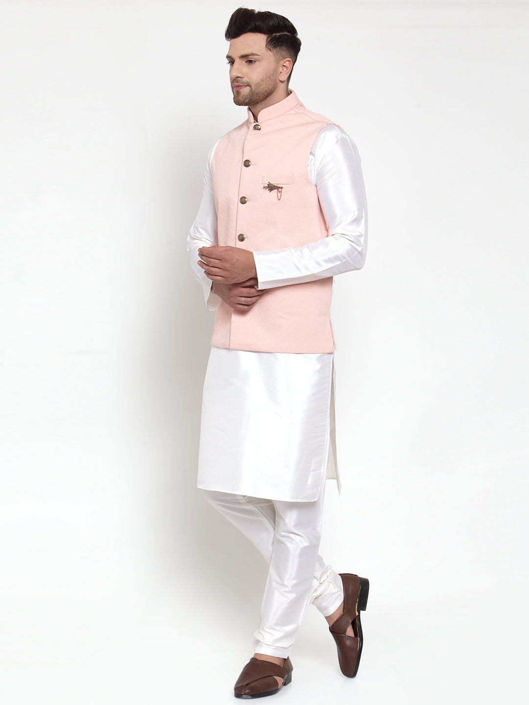 Jompers Men Solid Dupion Kurta Pajama with Woven Nehru Jacket (Peach) | Grocsy