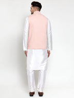 Jompers Men Solid Dupion Kurta Pajama with Woven Nehru Jacket (Peach) | Grocsy