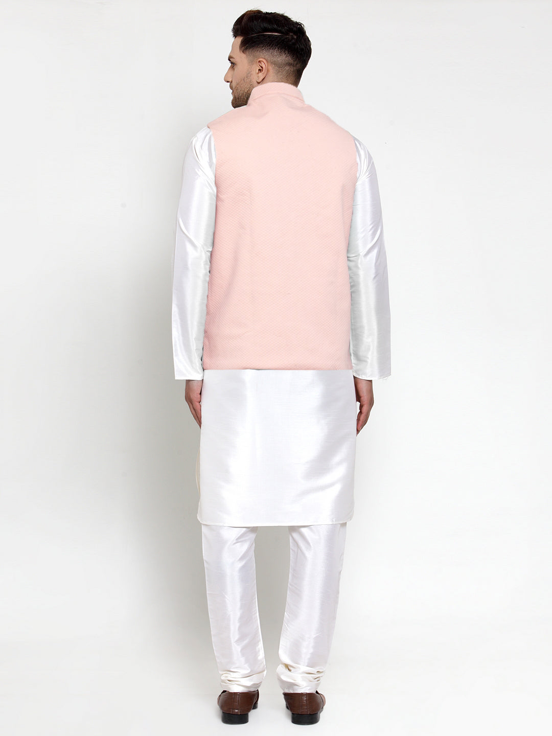 Jompers Men Solid Dupion Kurta Pajama with Woven Nehru Jacket (Peach) | Grocsy