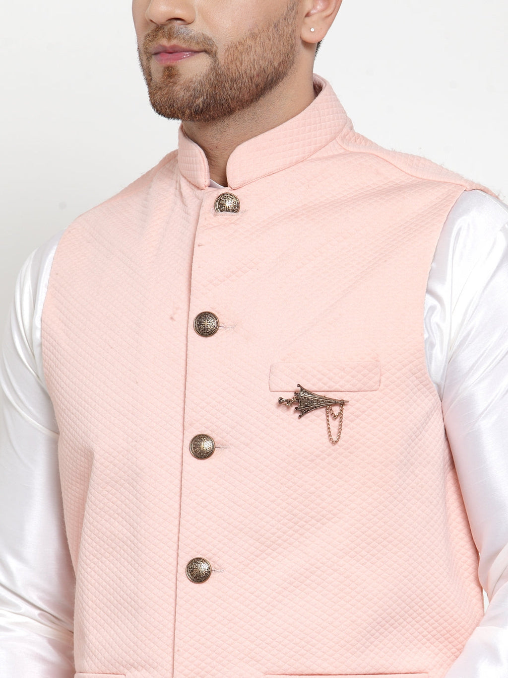 Jompers Men Solid Dupion Kurta Pajama with Woven Nehru Jacket (Peach) | Grocsy