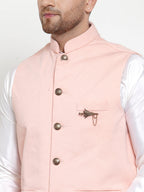 Jompers Men Solid Dupion Kurta Pajama with Woven Nehru Jacket (Peach) | Grocsy