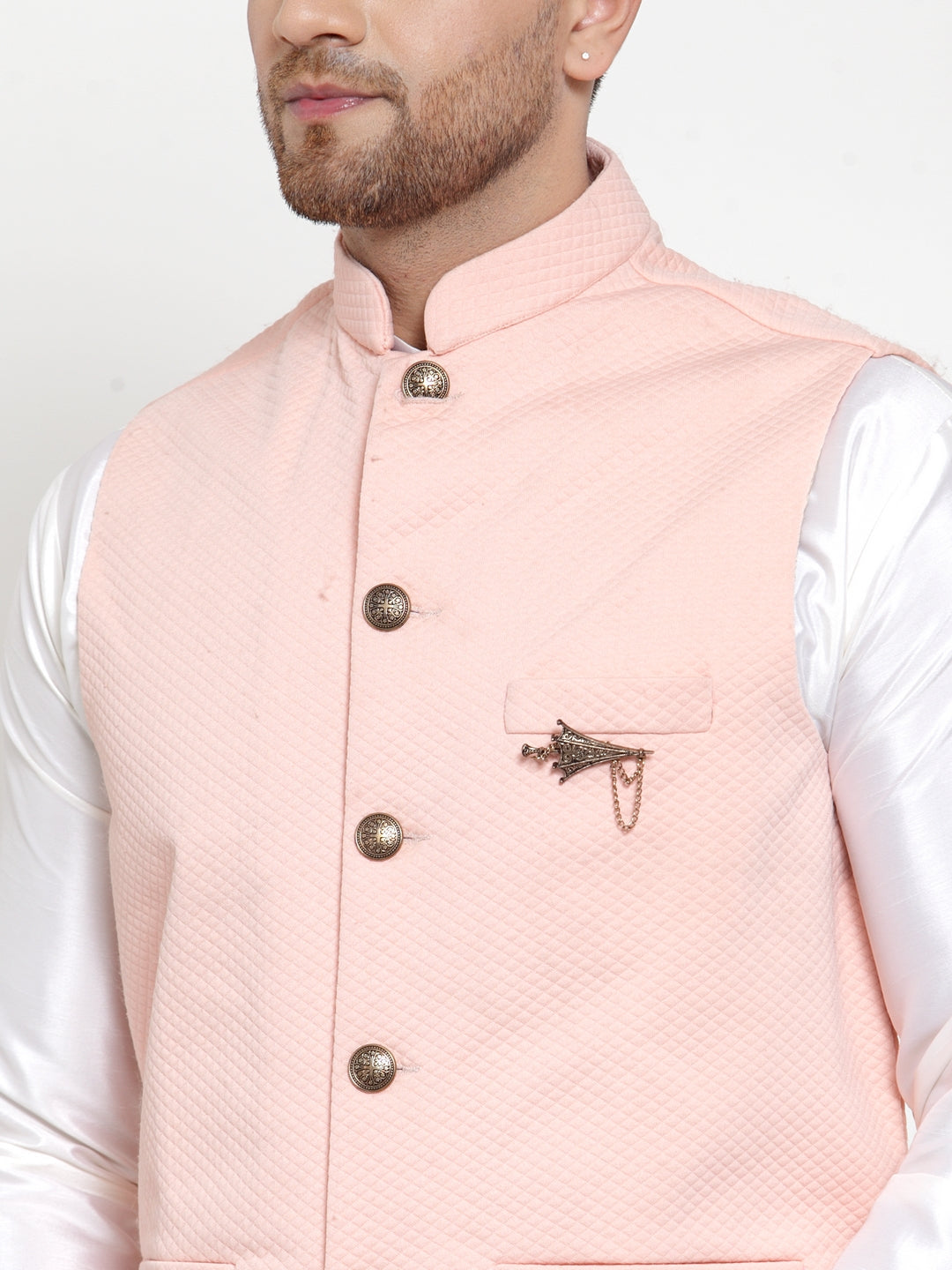 Jompers Men Solid Dupion Kurta Pajama with Woven Nehru Jacket (Peach) | Grocsy