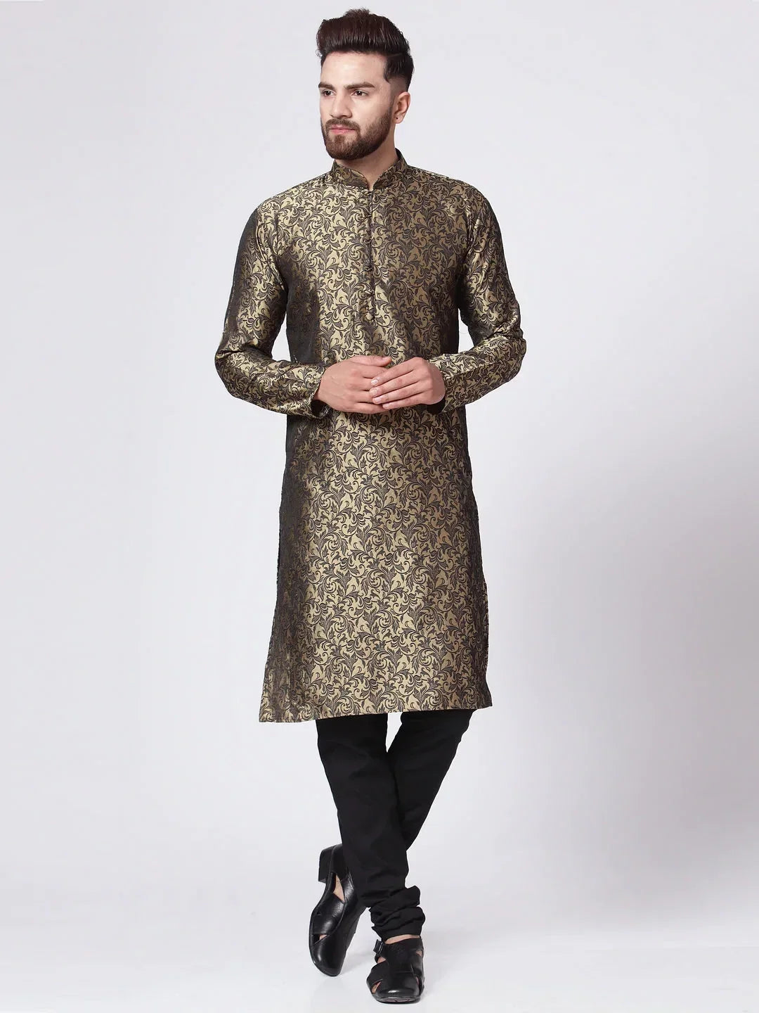 Jompers Men's Golden & Black Self Design Kurta with Churidar | Grocsy