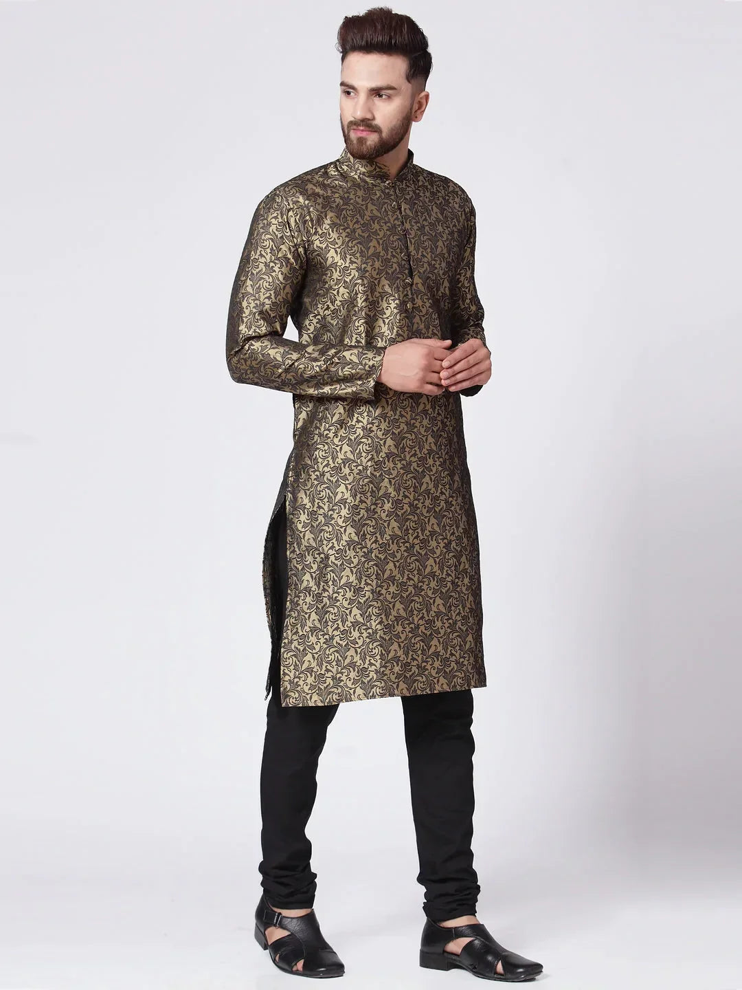 Jompers Men's Golden & Black Self Design Kurta with Churidar | Grocsy