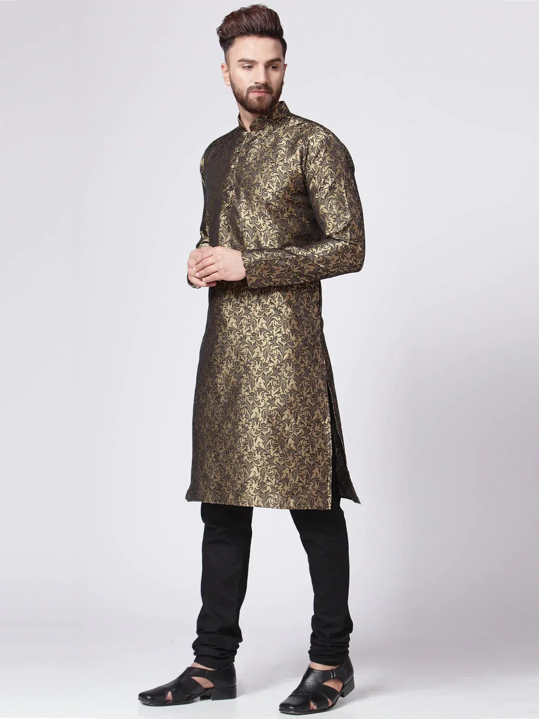Jompers Men's Golden & Black Self Design Kurta with Churidar | Grocsy