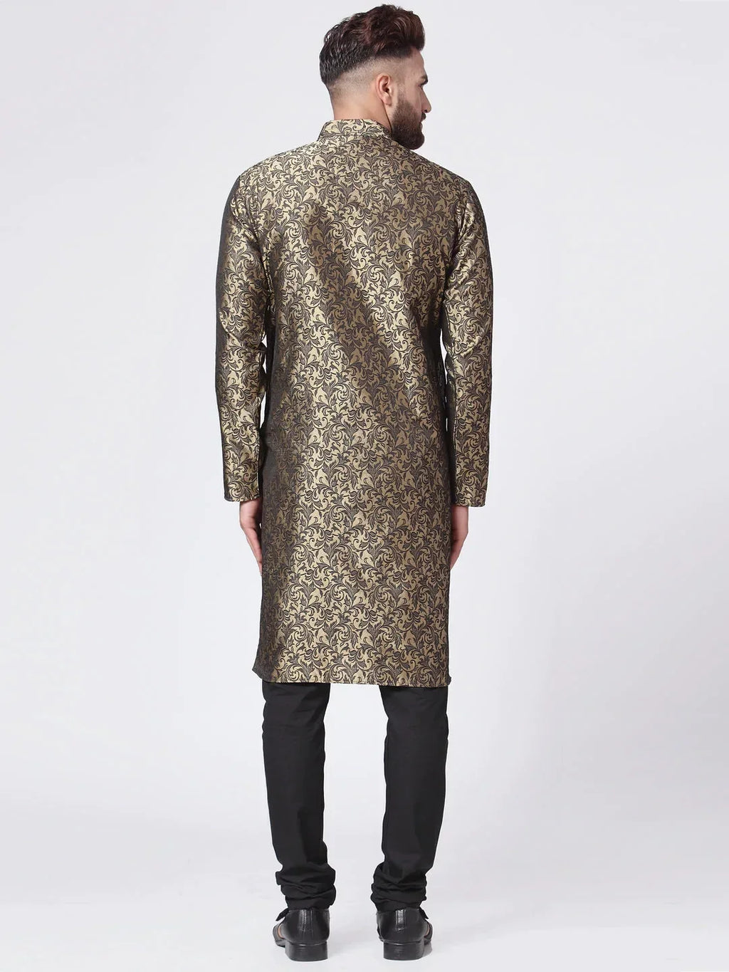 Jompers Men's Golden & Black Self Design Kurta with Churidar | Grocsy