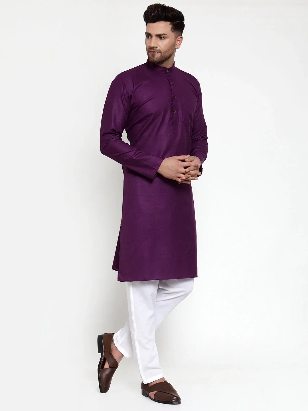 Jompers Men's Purple & White Solid Kurta with Churidar | Grocsy