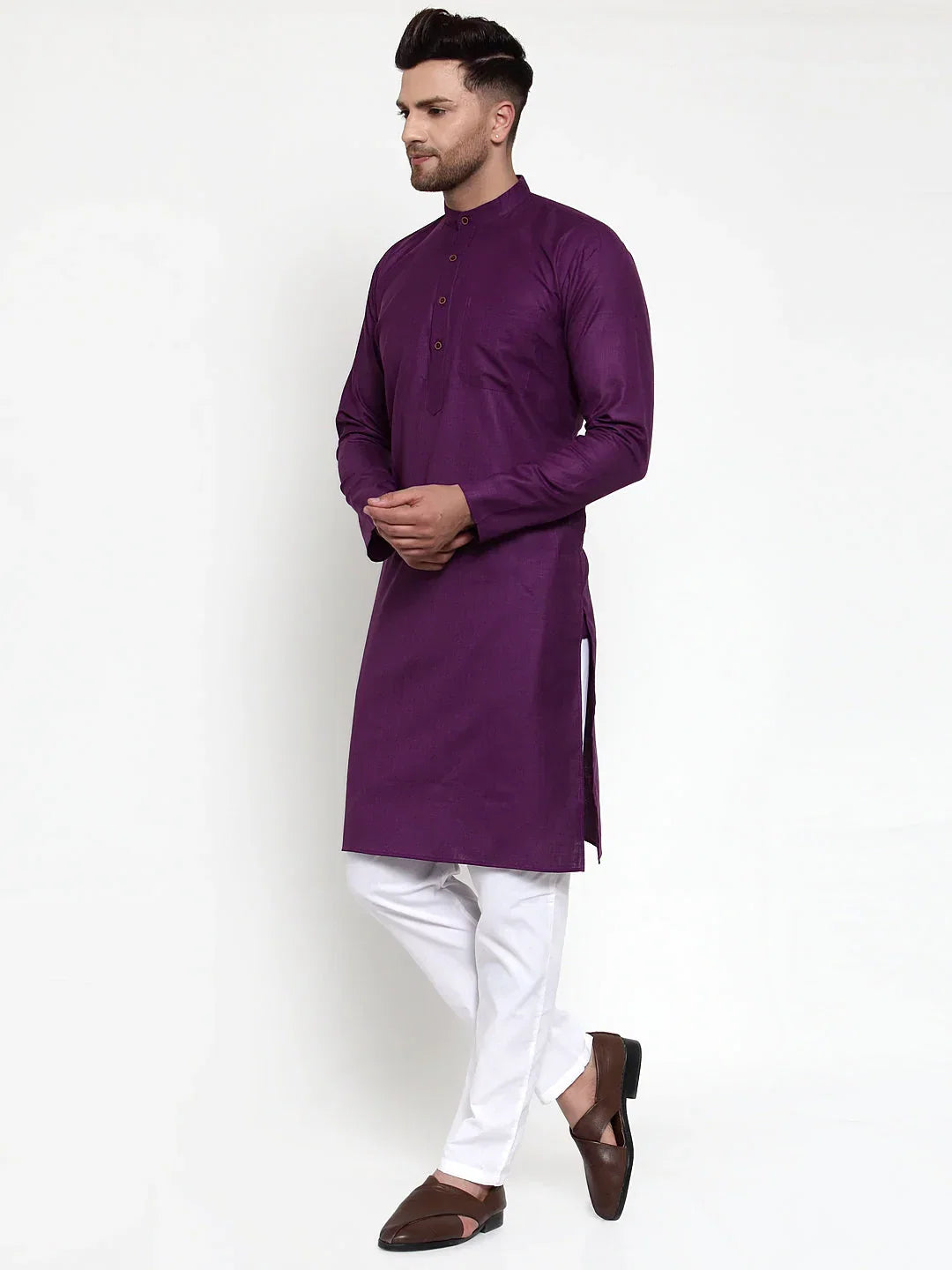 Jompers Men's Purple & White Solid Kurta with Churidar | Grocsy