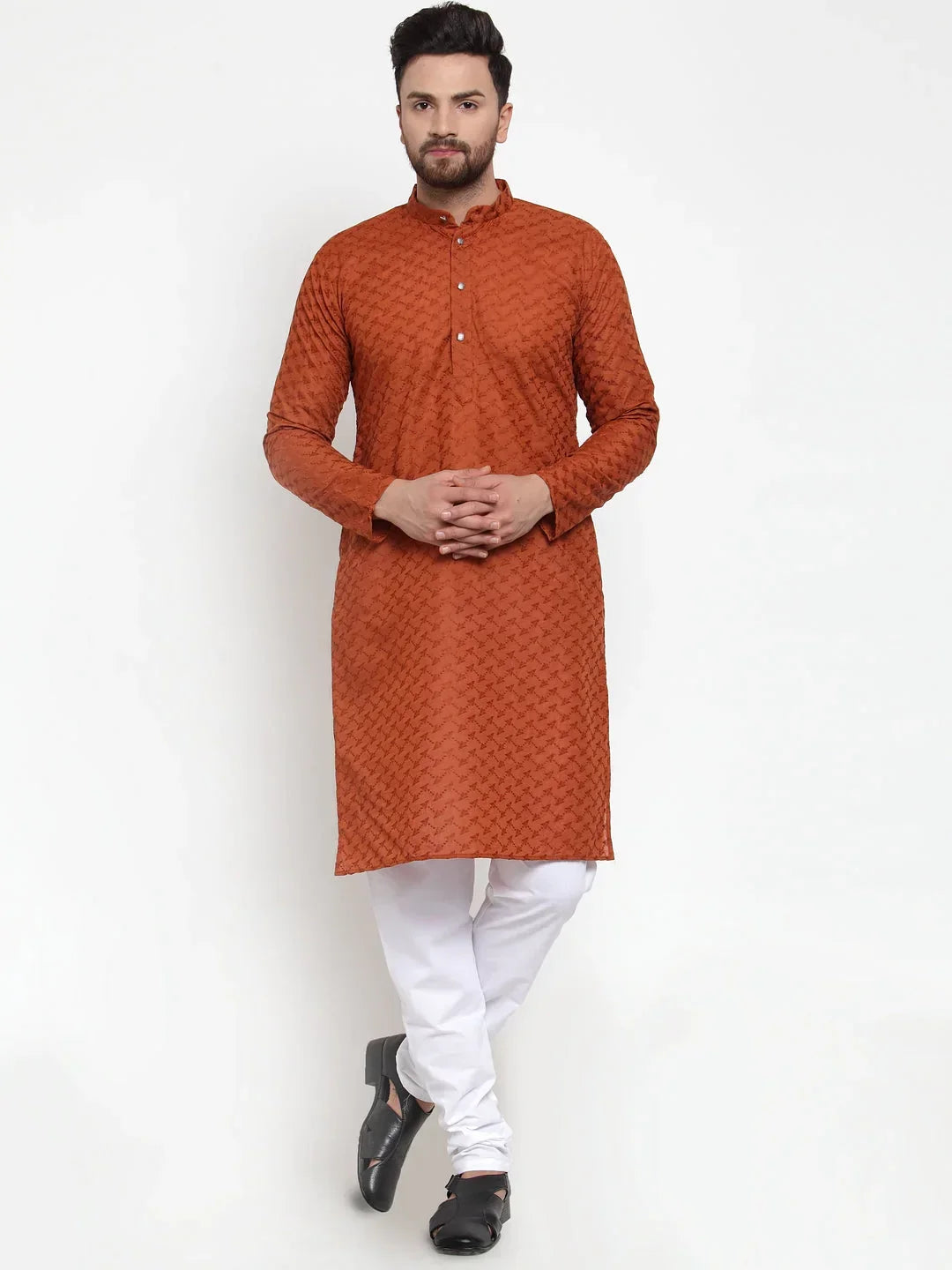 Jompers Men's Brown Chikan Kurta with Churidar | Grocsy