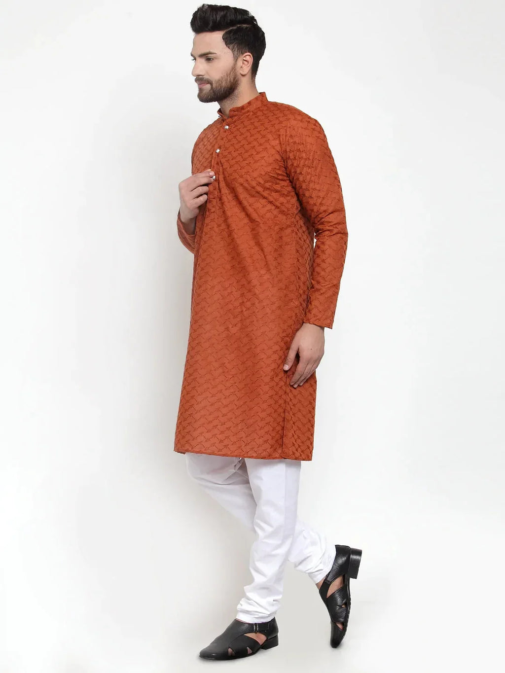 Jompers Men's Brown Chikan Kurta with Churidar | Grocsy