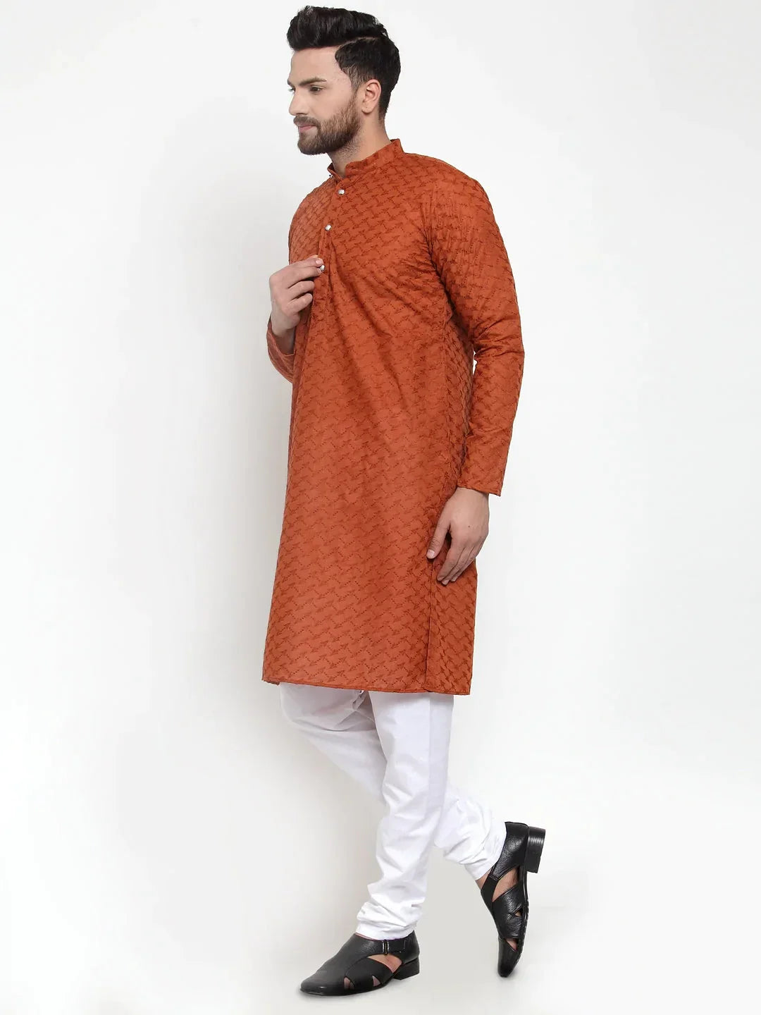 Jompers Men's Brown Chikan Kurta with Churidar | Grocsy