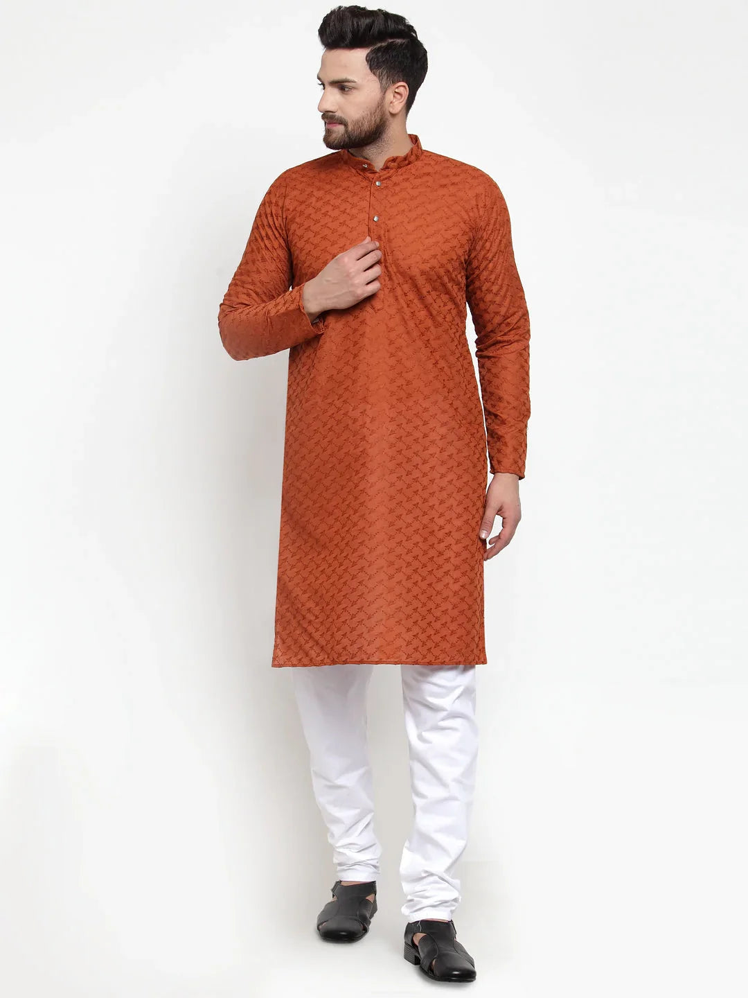 Jompers Men's Brown Chikan Kurta with Churidar | Grocsy