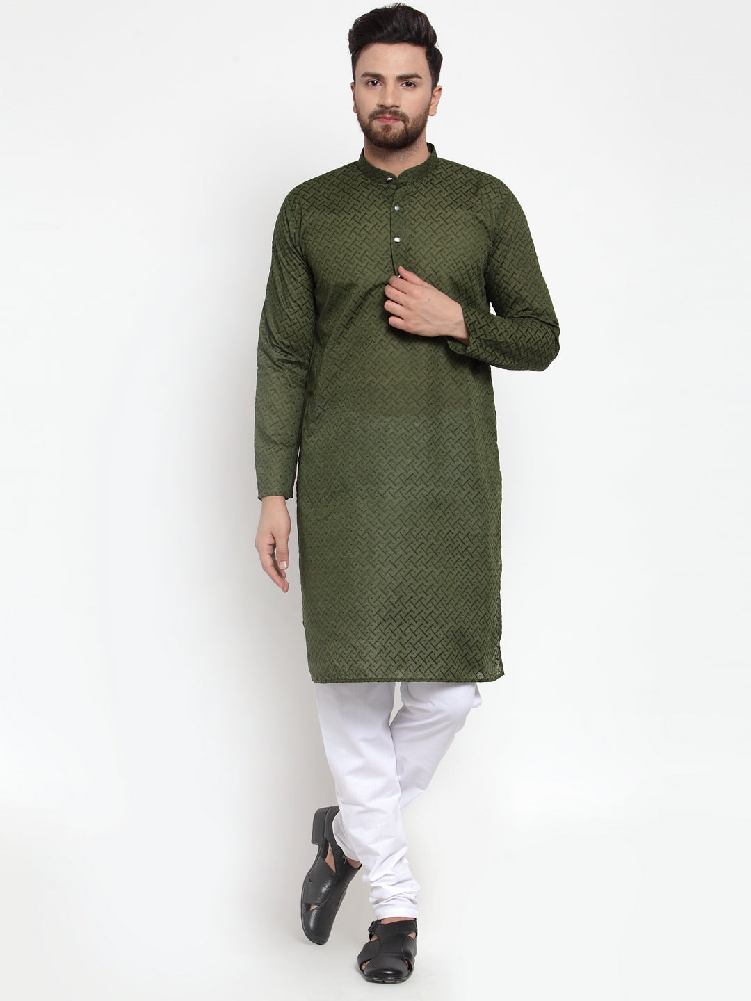 Jompers Men Olive Green Chikan Kurta with Churidar | Grocsy