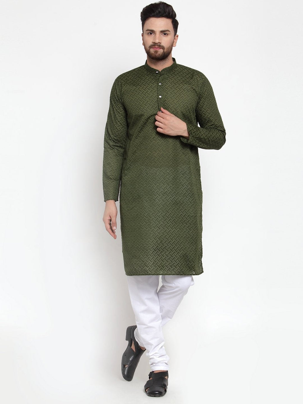 Jompers Men Olive Green Chikan Kurta Only | Grocsy