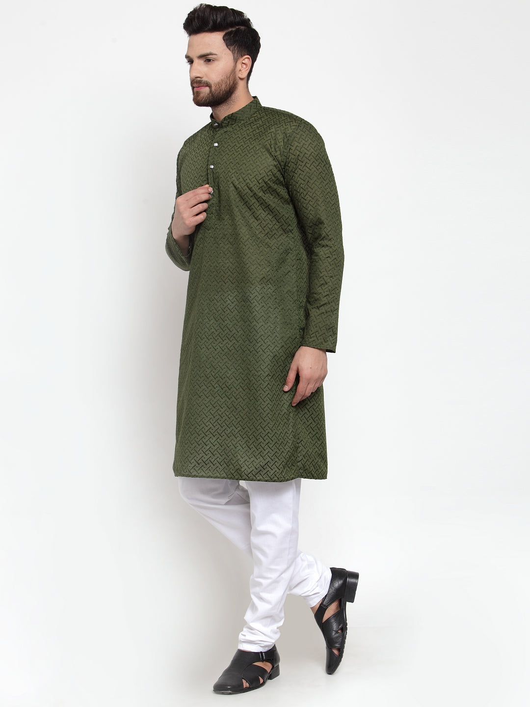 Jompers Men Olive Green Chikan Kurta with Churidar | Grocsy