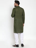 Jompers Men Olive Green Chikan Kurta with Churidar | Grocsy