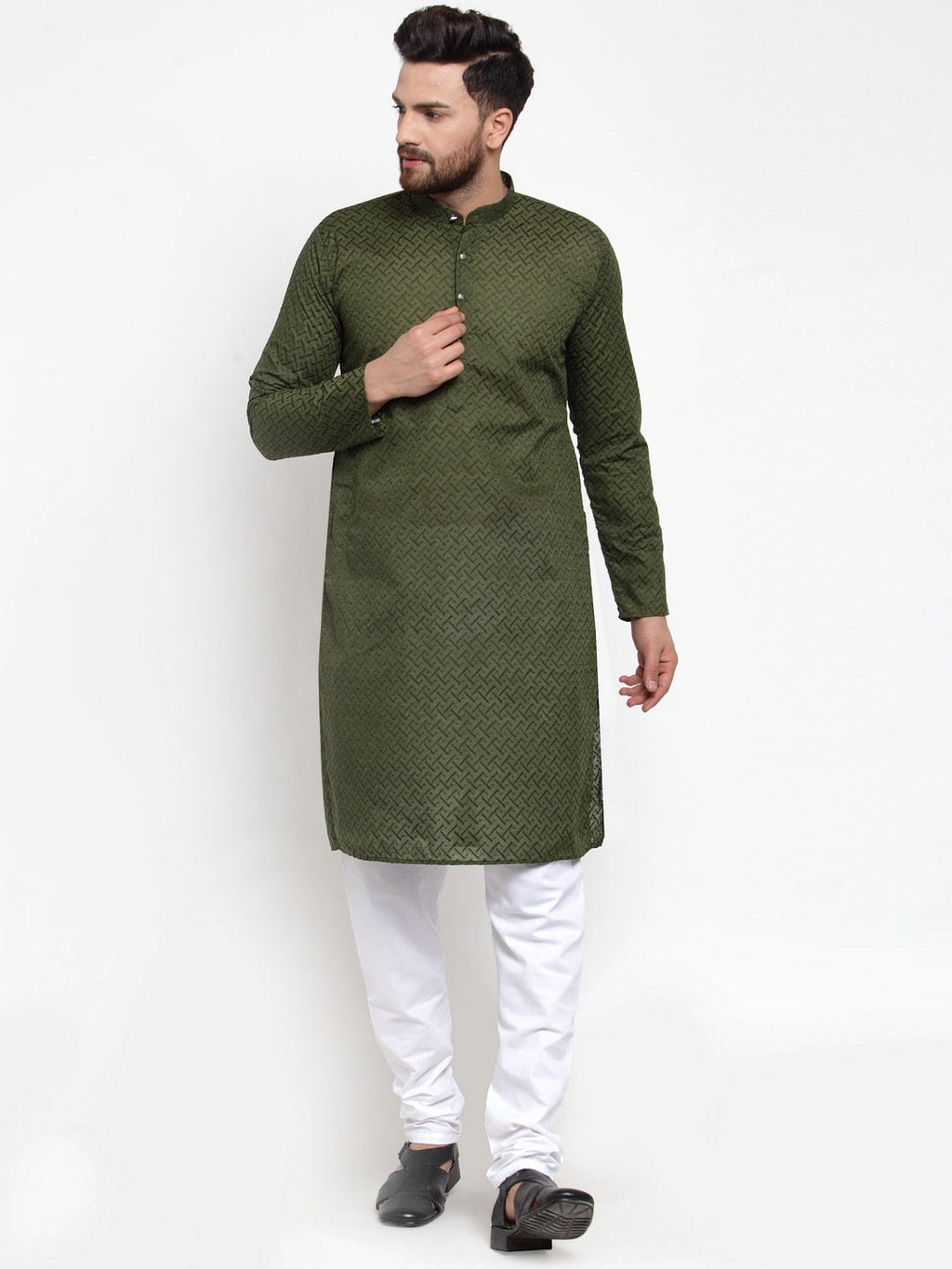 Jompers Men Olive Green Chikan Kurta Only | Grocsy