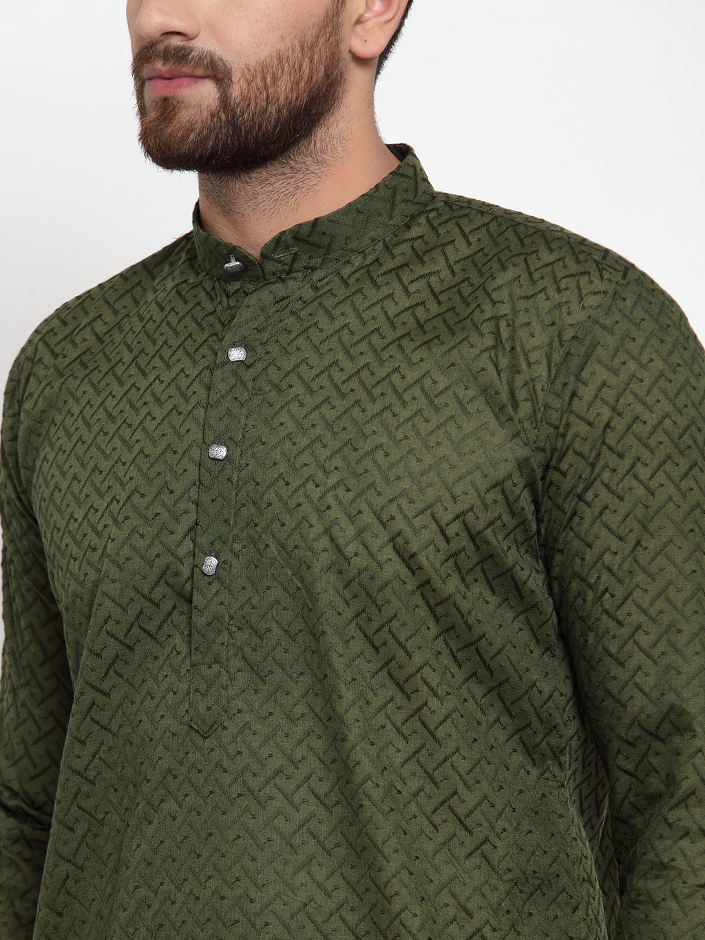 Jompers Men Olive Green Chikan Kurta with Churidar | Grocsy