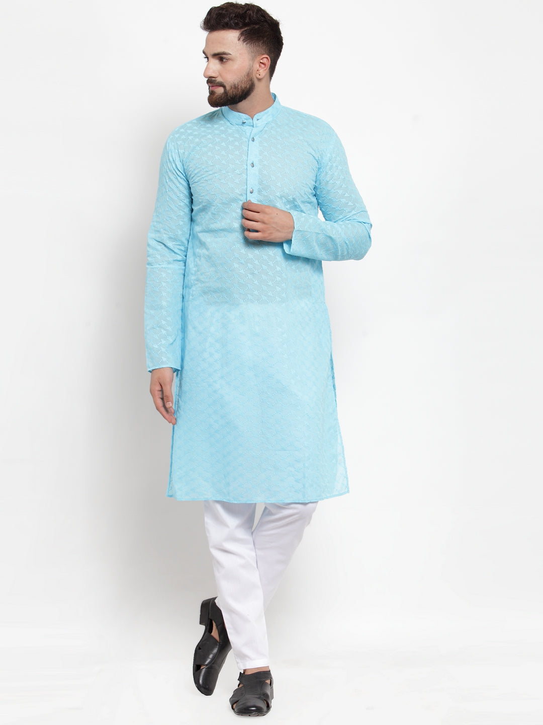 Jompers Men Sky Blue Chikan Kurta with Churidar | Grocsy
