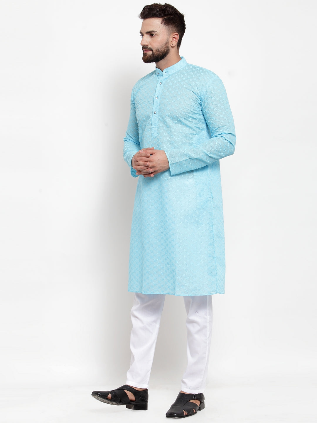 Jompers Men Sky Blue Chikan Kurta with Churidar | Grocsy