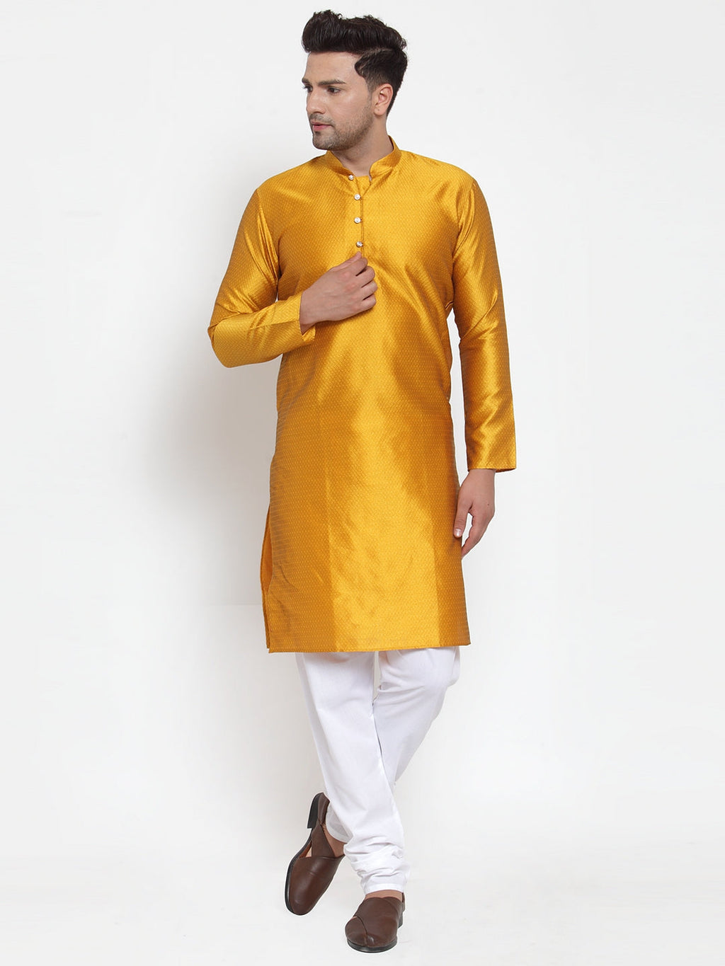 Jompers Men's Yellow Jacquard Kurta Payjama Sets | Grocsy