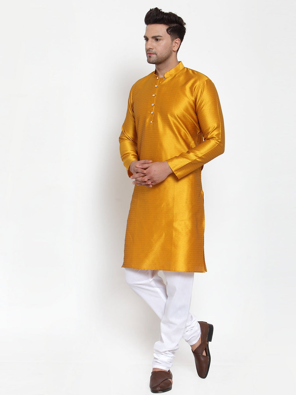 Jompers Men's Yellow Jacquard Kurta Only | Grocsy