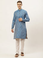 Jompers Men's Blue Printed Jacquard Kurta Payjama Sets | Grocsy