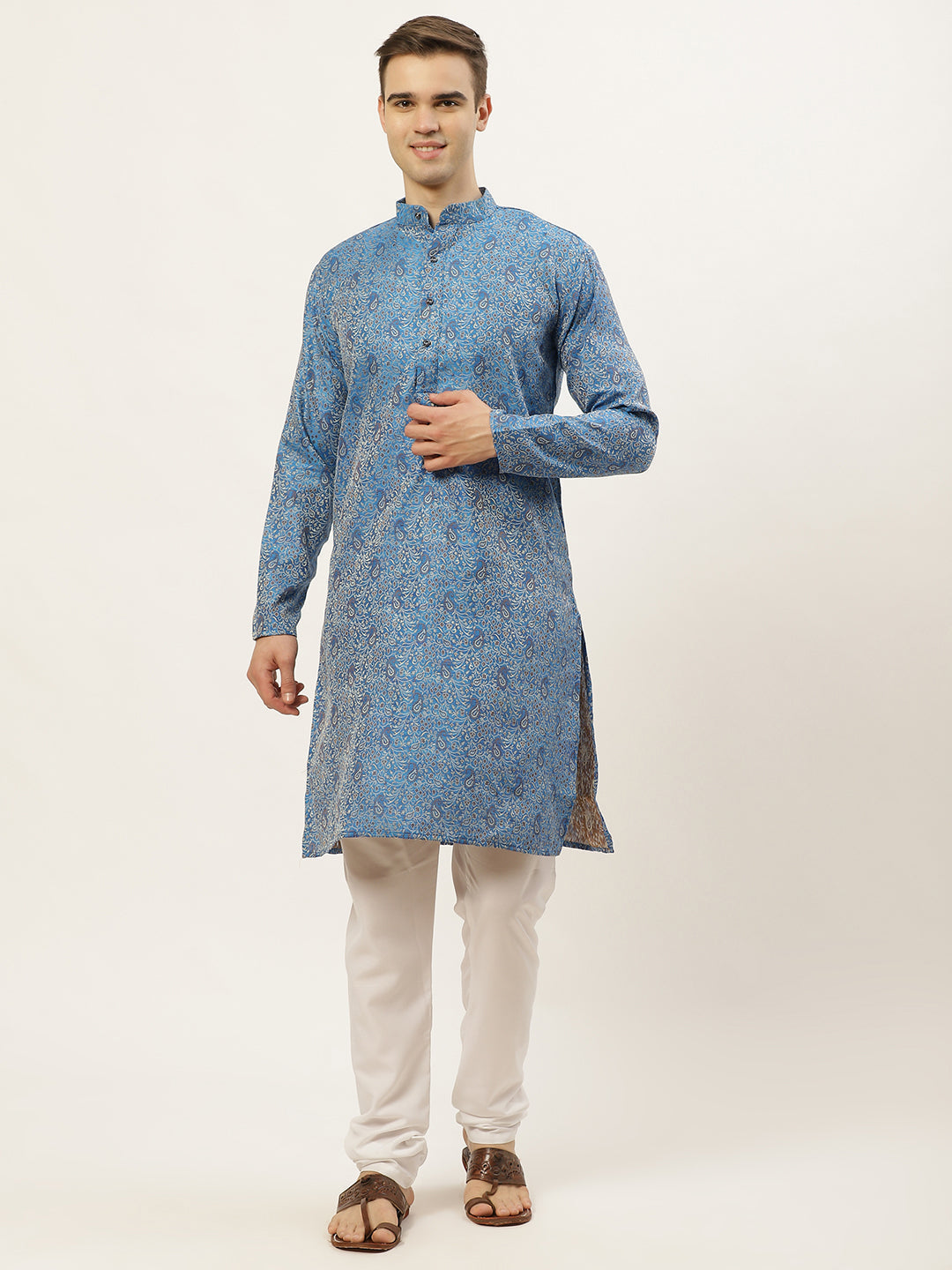 Jompers Men's Blue Printed Jacquard Kurta Payjama Sets | Grocsy