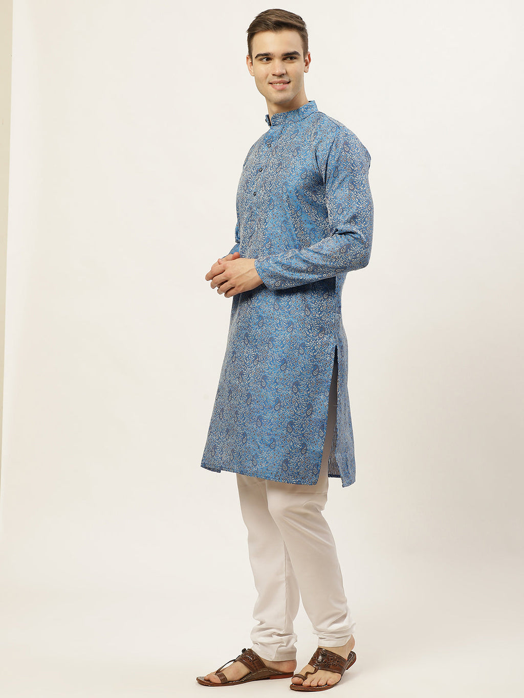 Jompers Men's Blue Printed Jacquard Kurta Payjama Sets | Grocsy