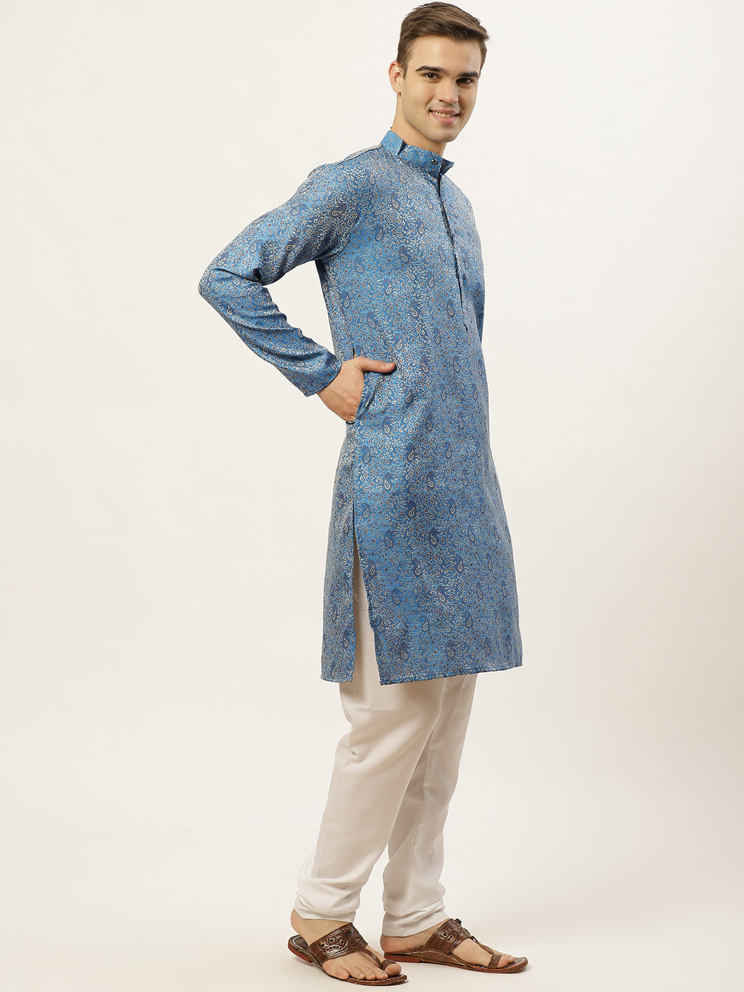 Jompers Men's Blue Printed Jacquard Kurta Payjama Sets | Grocsy