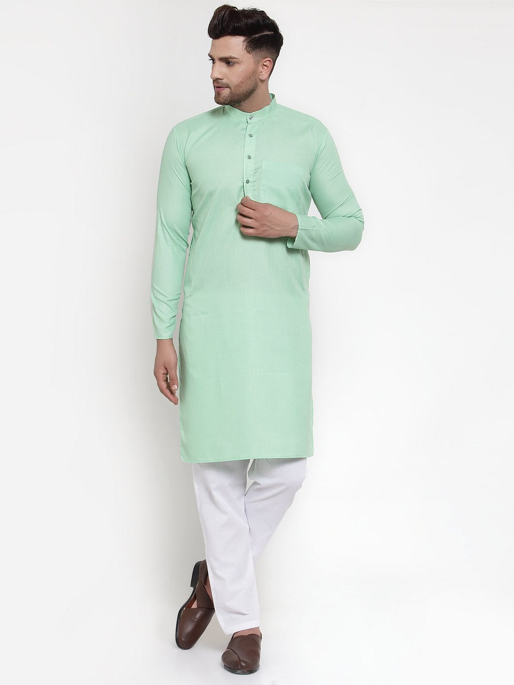 Jompers Men Green & White Solid Kurta Only | Grocsy