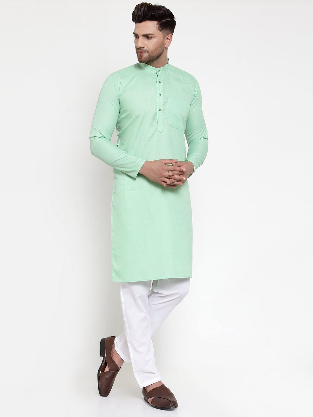 Jompers Men Green & White Solid Kurta Only | Grocsy