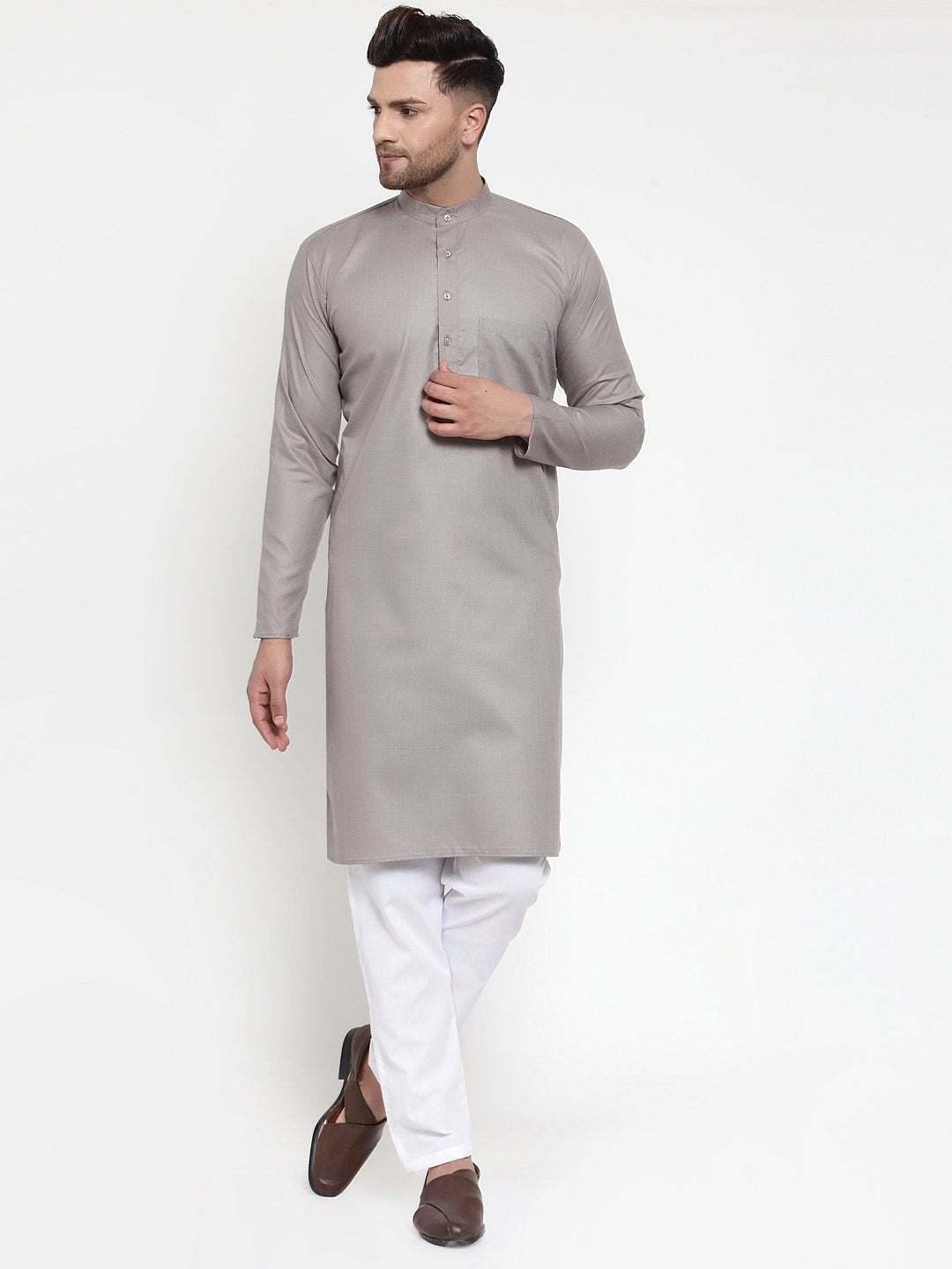 Jompers Men Grey & White Solid Kurta Only | Grocsy