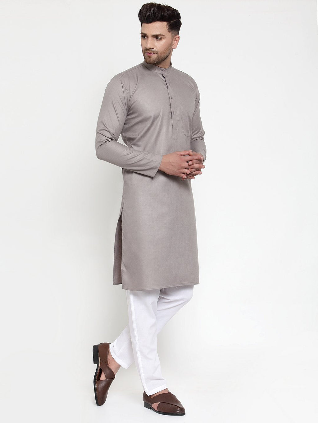 Jompers Men Grey & White Solid Kurta Only | Grocsy