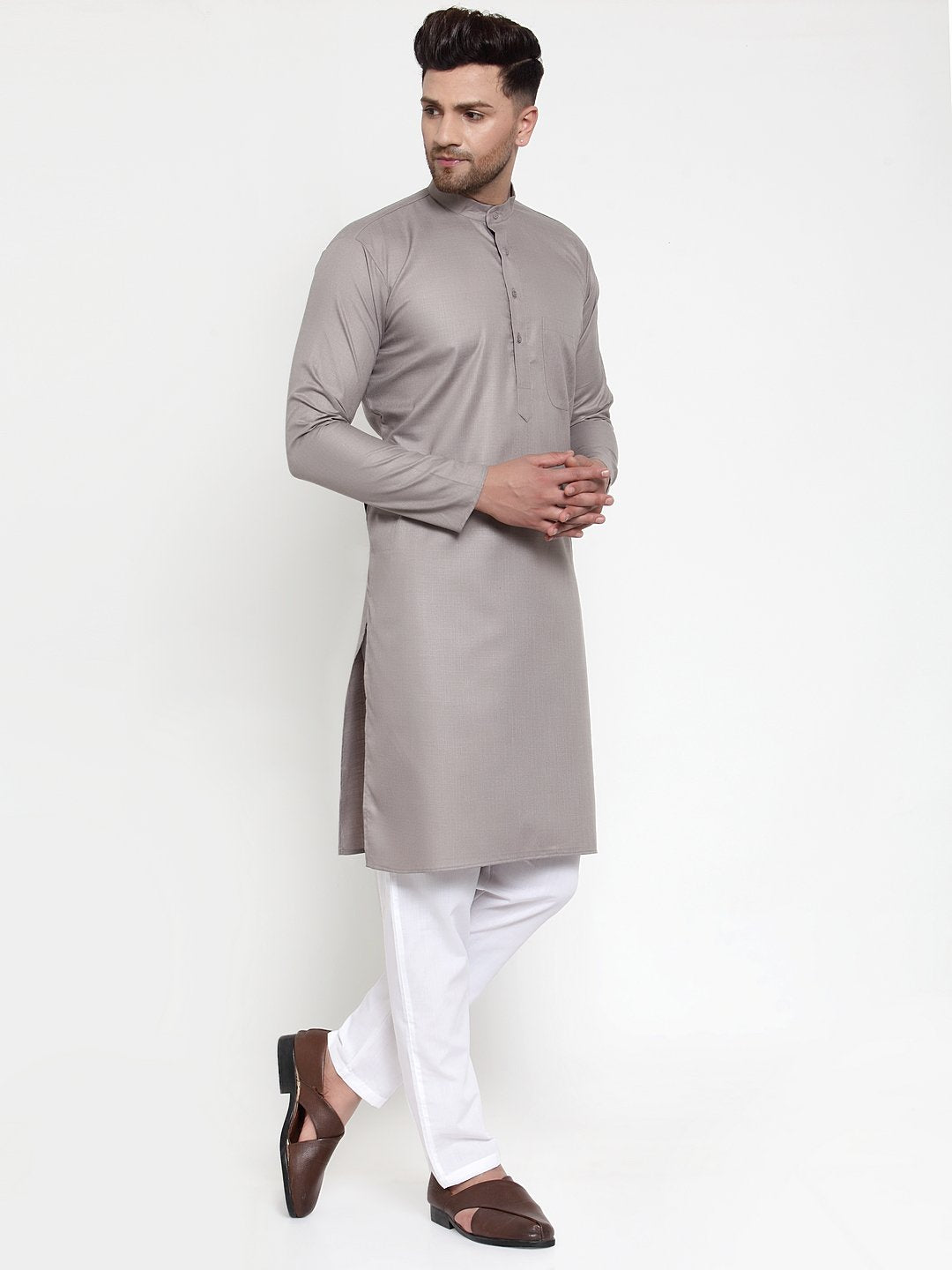 Jompers Men Grey & White Solid Kurta Only | Grocsy