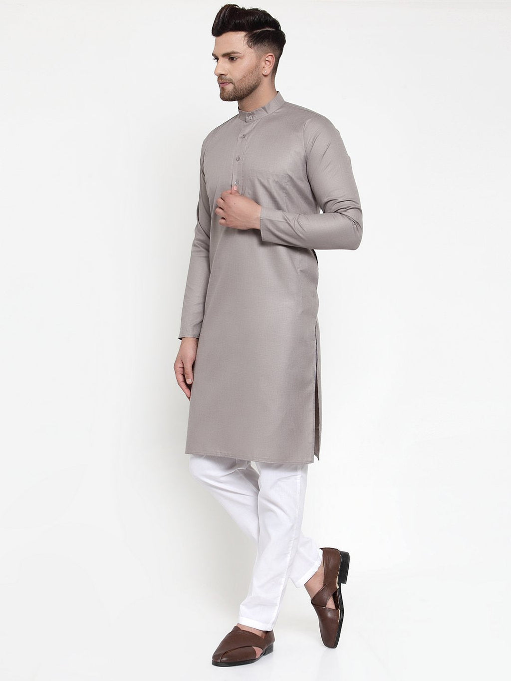 Jompers Men Grey & White Solid Kurta Only | Grocsy