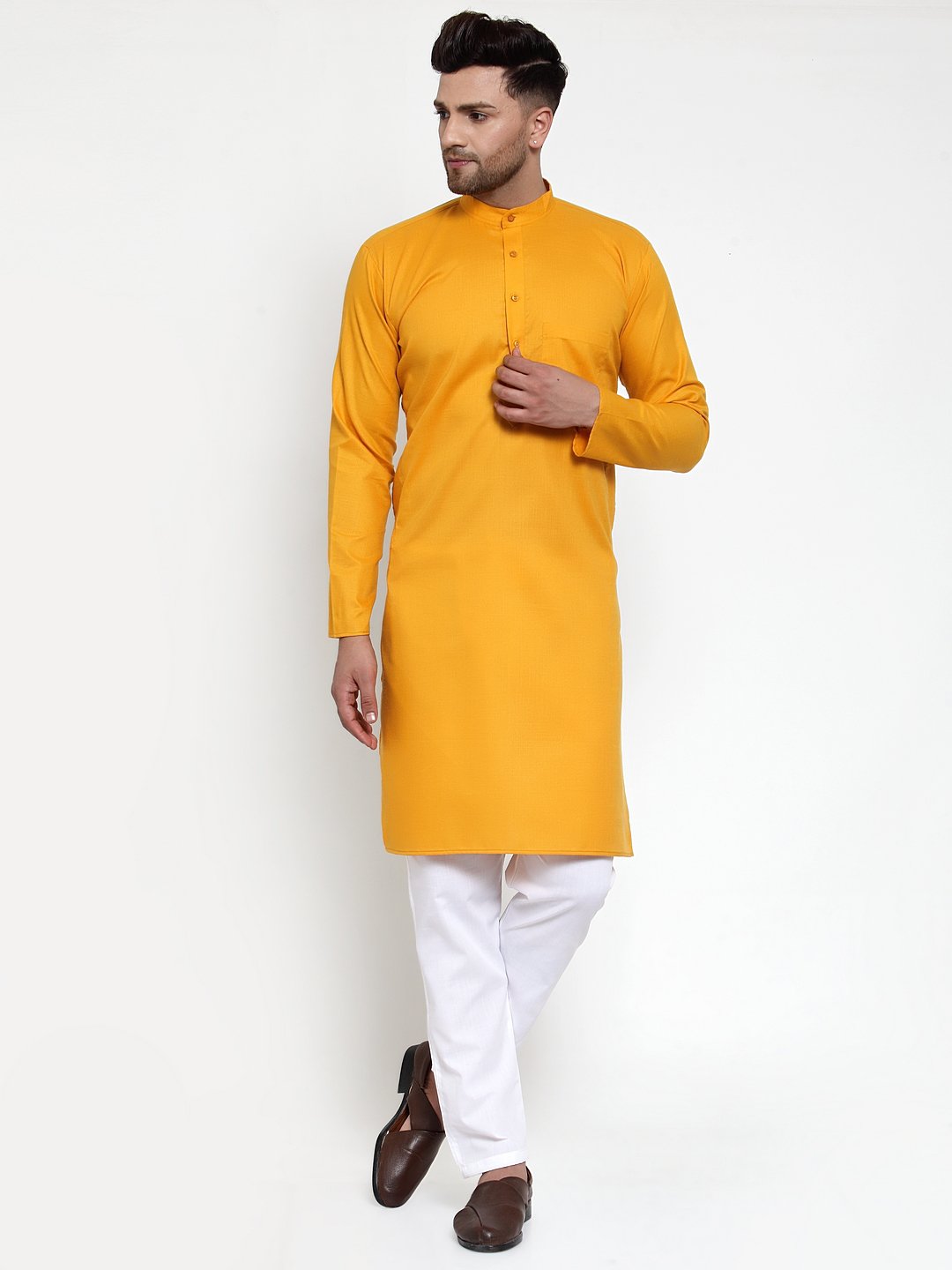 Jompers Men Mustard Yellow & White Solid Kurta Only | Grocsy