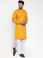 Jompers Men Mustard Yellow & White Solid Kurta with Churidar | Grocsy