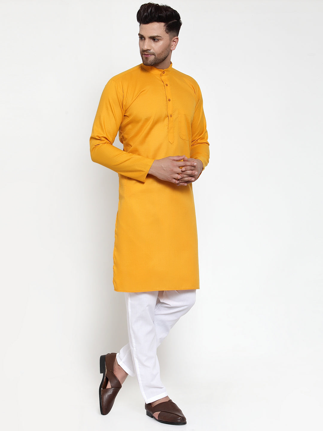 Jompers Men Mustard Yellow & White Solid Kurta with Churidar | Grocsy
